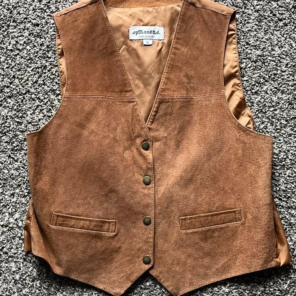 Vintage Split End 90s Brown Leather Vest Womens L Leather Southwest Horse Girl - Picture 1 of 8
